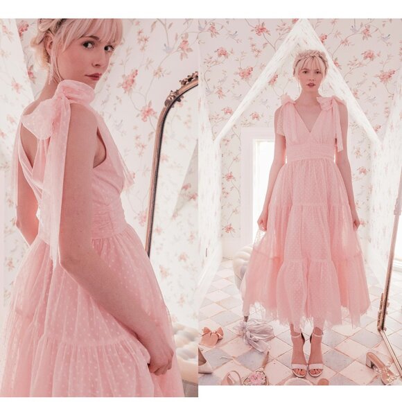 JessaKae Jeanne Pink Dotted Swiss Tulle Shoulder Bows Ankle Length Dress XL NWT - Picture 1 of 10